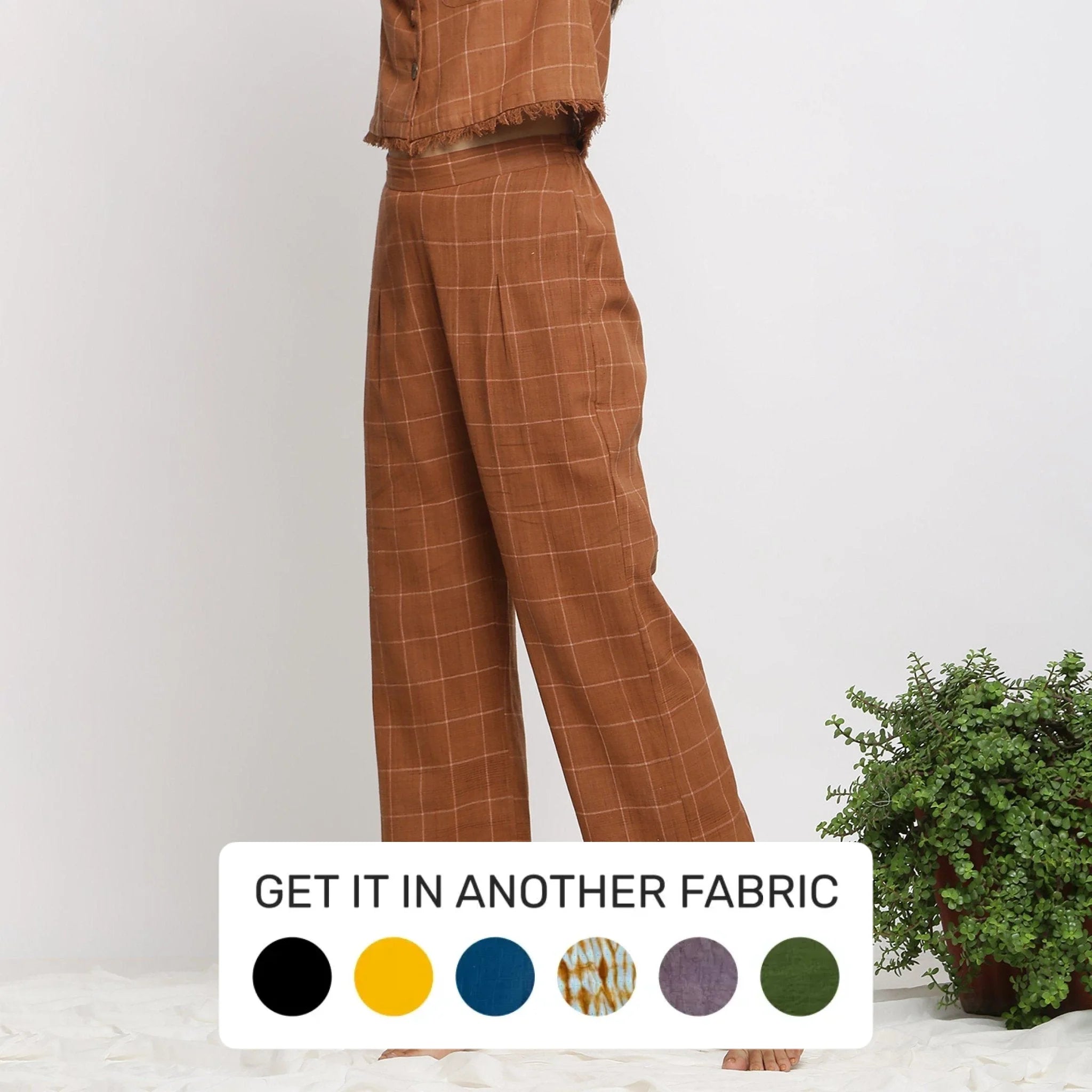 Cigarette Style Women's Printed Linen Blend Pants for Casual DaysAlmond Brown Check Handspun Cotton Elasticated Pant Cigarette Style Women's Printed Linen Blend Pants for Casual DaysAlmond Brown Check Handspun Cotton Elasticated Pant