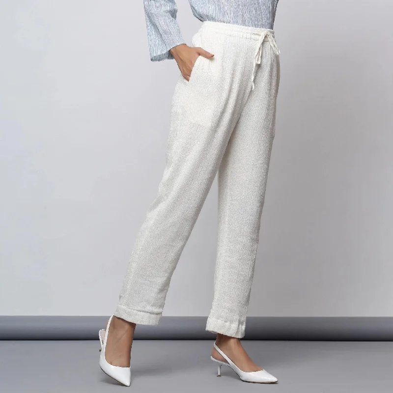 Plus Size Women's Drawstring - Waist Loungewear Pants in Soft FabricsOff-White Crinkled Cotton Elasticated Mid-Rise Tapered Pant Plus Size Women's Drawstring - Waist Loungewear Pants in Soft FabricsOff-White Crinkled Cotton Elasticated Mid-Rise Tapered Pant