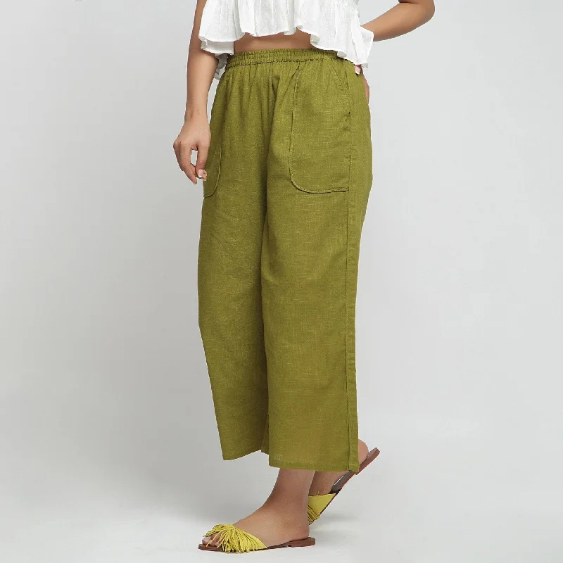 Cigarette Style Women's Printed Linen Blend Pants for Casual DaysOlive Green Cotton Mid-Rise Elasticated Wide Legged Pant Cigarette Style Women's Printed Linen Blend Pants for Casual DaysOlive Green Cotton Mid-Rise Elasticated Wide Legged Pant