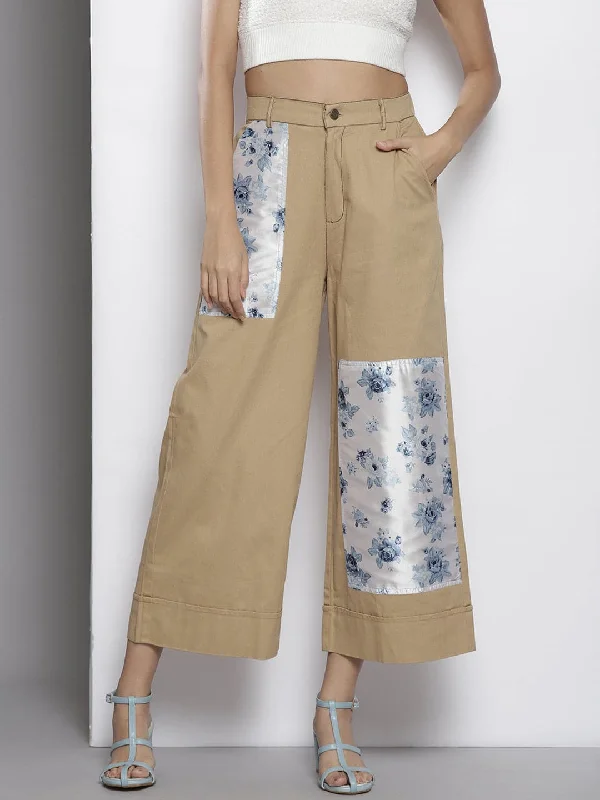 Straight - Leg Women's Vegan Leather Pants for a Chic LookWomen Khakhi With Floral Contrast Patch Twill Pants Straight - Leg Women's Vegan Leather Pants for a Chic LookWomen Khakhi With Floral Contrast Patch Twill Pants