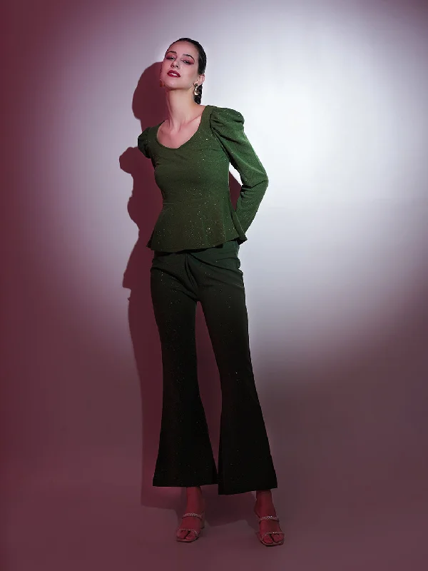 Plus Size Women's Drawstring - Waist Loungewear Pants in Soft FabricsWomen Olive Shimmer Twisted Bellbottom Pants Plus Size Women's Drawstring - Waist Loungewear Pants in Soft FabricsWomen Olive Shimmer Twisted Bellbottom Pants