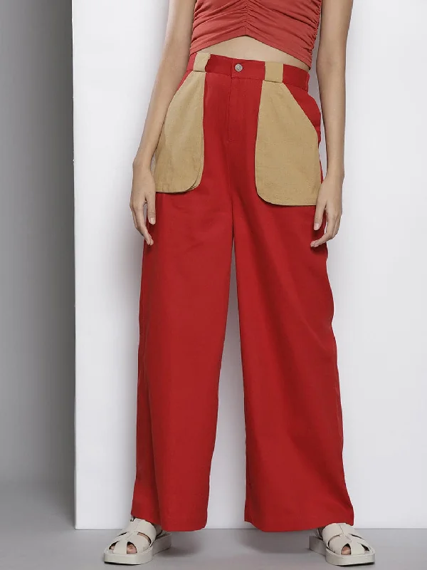 Plus Size Women's Elastic - Waist Culottes in Earth TonesWomen Red Twill Contrast Pouch Pocket Pants Plus Size Women's Elastic - Waist Culottes in Earth TonesWomen Red Twill Contrast Pouch Pocket Pants