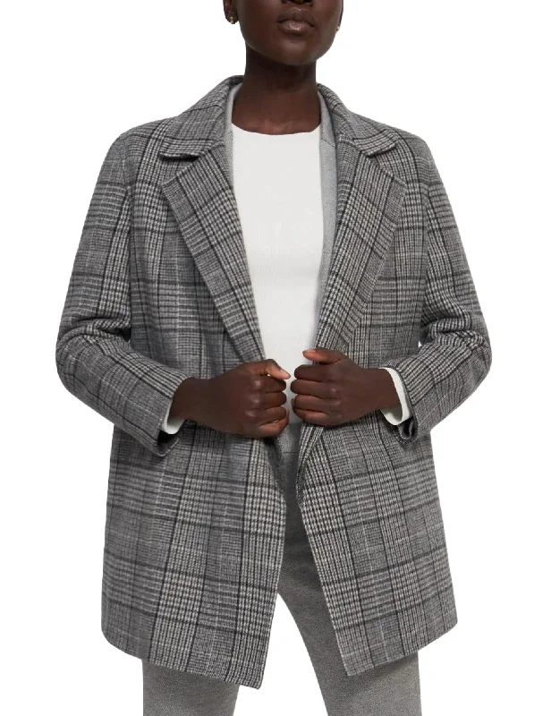 Women's Longline Linen Blazers in Pastel Colors for Summer EventsClairene West Plaid Jacket In Grey Multi Women's Longline Linen Blazers in Pastel Colors for Summer EventsClairene West Plaid Jacket In Grey Multi