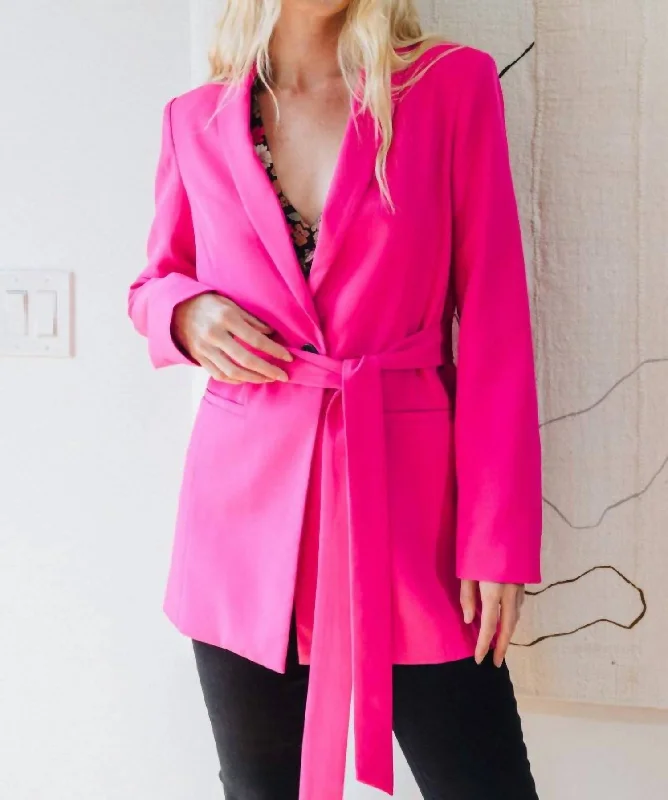 Women's Belted Blazers in Camel Color for a Sophisticated OutfitCollared Tuxedo Long Belted Blazer In Fuchsia Women's Belted Blazers in Camel Color for a Sophisticated OutfitCollared Tuxedo Long Belted Blazer In Fuchsia
