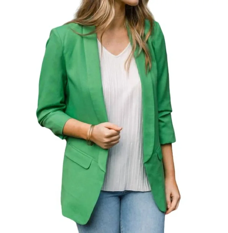 Plus Size Women's Military - Inspired Blazers with Gold Accents for a Bold LookOpen Front Collared Blazer In Kelly Green Plus Size Women's Military - Inspired Blazers with Gold Accents for a Bold LookOpen Front Collared Blazer In Kelly Green