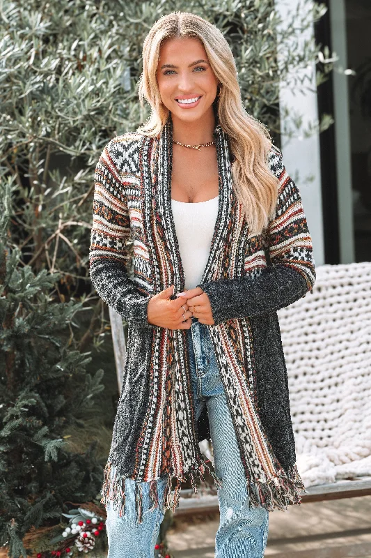 boyfriend style women cardigan for a relaxed fitBlack Tribal Print Fringe Duster Cardigan boyfriend style women cardigan for a relaxed fitBlack Tribal Print Fringe Duster Cardigan