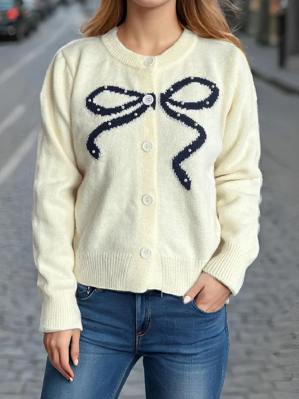 open front women cardigan for easy stylingBow Button Down Round Neck Cardigan