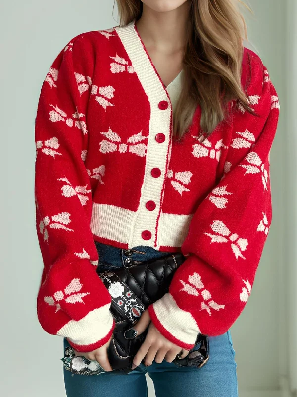 color block women cardigan with bold huesBow V-Neck Button Down Long Sleeve Cardigan color block women cardigan with bold huesBow V-Neck Button Down Long Sleeve Cardigan