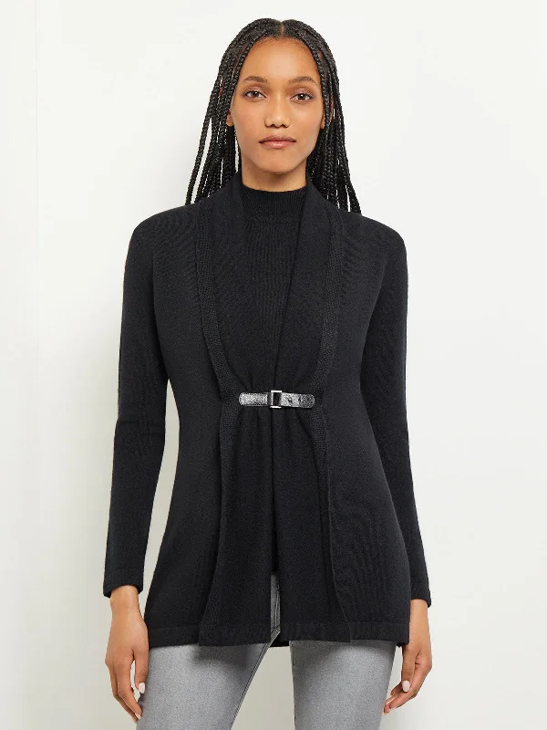 lightweight women cardigan for spring and fallBuckle Detail Shawl Collar Cashmere Cardigan, Black