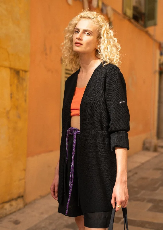 Embroidered women's cotton coats in a bohemian pattern for a unique designCAUDAN - Long Jacket With Adjustable Waist | 100% Wool (BLACK) Embroidered women's cotton coats in a bohemian pattern for a unique designCAUDAN - Long Jacket With Adjustable Waist | 100% Wool (BLACK)