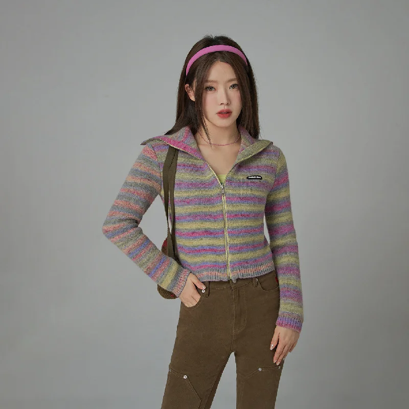 machine washable women cardigan for easy careRainbow Striped Zip-Up Knit Cardigan