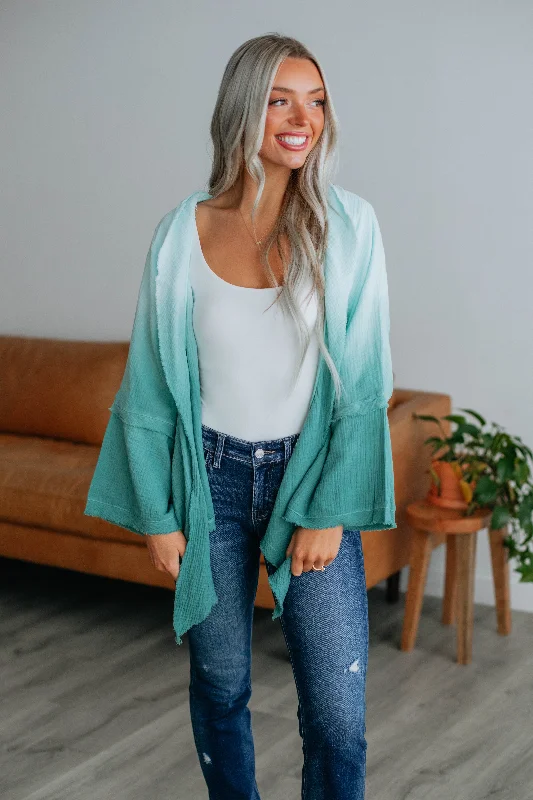 long length women cardigan with side slitsDalma Textured Cardigan - Teal Mix