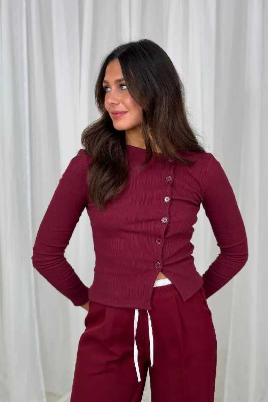 sequin embellished women cardigan for special occasionsErica Asymmetric Button Cardigan In Bordeaux sequin embellished women cardigan for special occasionsErica Asymmetric Button Cardigan In Bordeaux