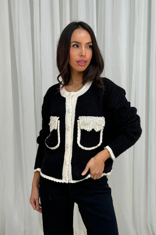 v neck women cardigan to elongate the necklineFlynn Contrast Trim Cardigan In Black