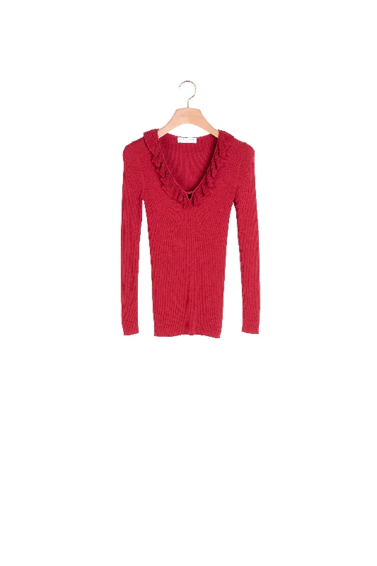 boyfriend style women cardigan for a relaxed fitPull maille fine avec col volanté