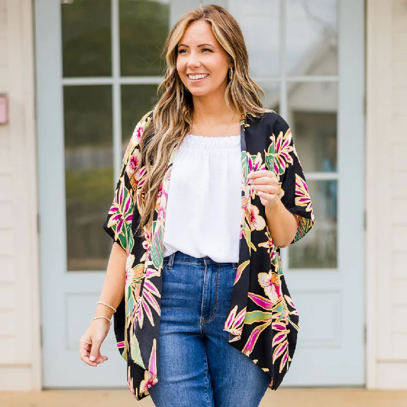lightweight women cardigan for spring and fallIsland Breeze Kimono, Black Floral