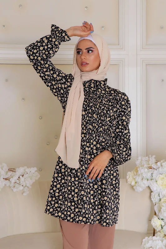long length women cardigan with side slitsJayla Floral Shirred Top- Black