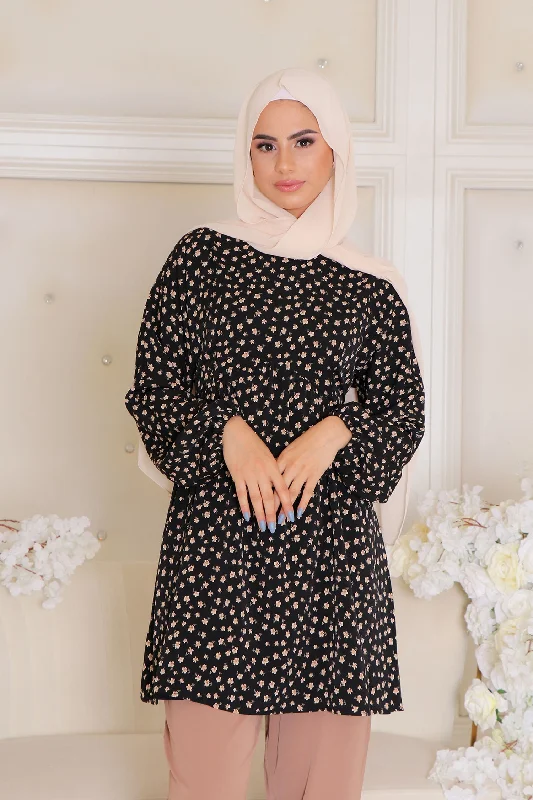 color block women cardigan with bold hueskim Floral Smock Top- Black