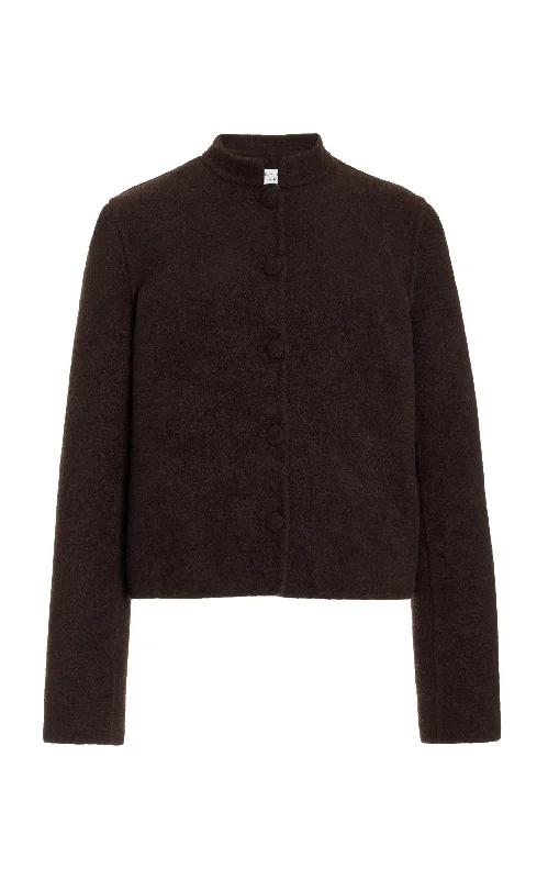 Belted women's cashmere coats in soft pastels for a luxurious feelLarrington Jacket in Chocolate Double-Face Recycled Cashmere Felt Belted women's cashmere coats in soft pastels for a luxurious feelLarrington Jacket in Chocolate Double-Face Recycled Cashmere Felt