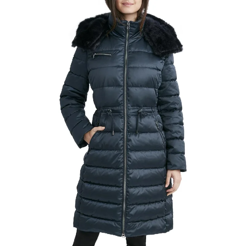 Women's knee - length wool blend coats with a fur collar for added warmthLaundry by Shelli Segal Women's Satin Quilted Long Puffer Coat with Cinch Waist Women's knee - length wool blend coats with a fur collar for added warmthLaundry by Shelli Segal Women's Satin Quilted Long Puffer Coat with Cinch Waist