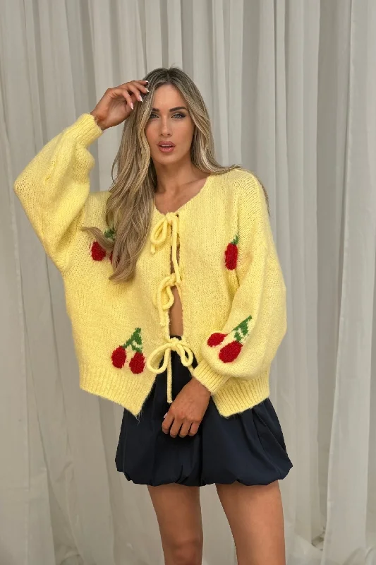 cropped women cardigan to pair with high - waisted jeansLeona Tie Front Cherry Cardigan In Yellow cropped women cardigan to pair with high - waisted jeansLeona Tie Front Cherry Cardigan In Yellow