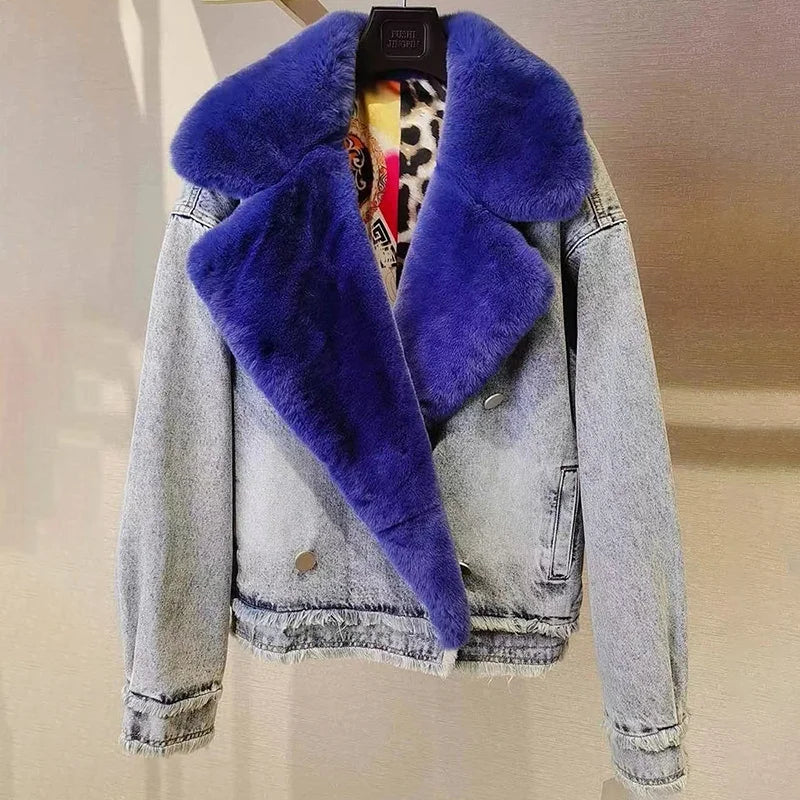 Real Fur Trimmed Satin DressesLuxury Real Fox Fur Collar Warm Winter Denim Jacket for Women Real Fur Trimmed Satin DressesLuxury Real Fox Fur Collar Warm Winter Denim Jacket for Women