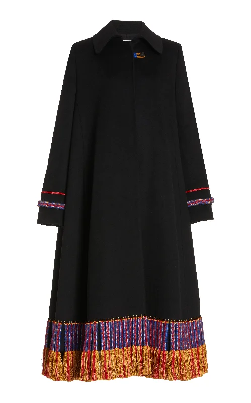 Embroidered women's cotton coats in a bohemian pattern for a unique designMatrona Coat in Black Lightweight Cashmere Embroidered women's cotton coats in a bohemian pattern for a unique designMatrona Coat in Black Lightweight Cashmere