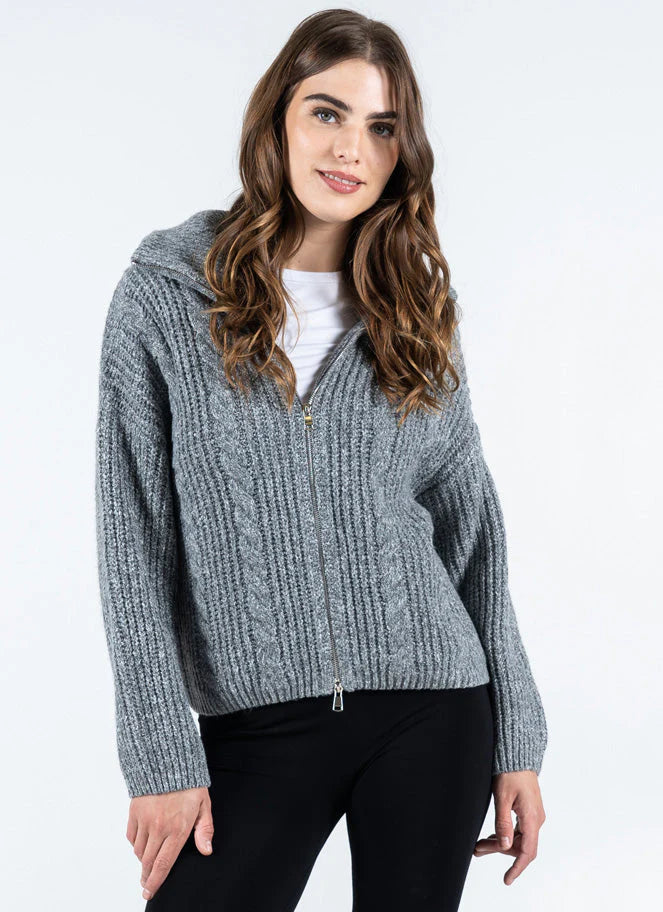 hand knitted women cardigan with artisanal charmMelange Zip Front Cardigan