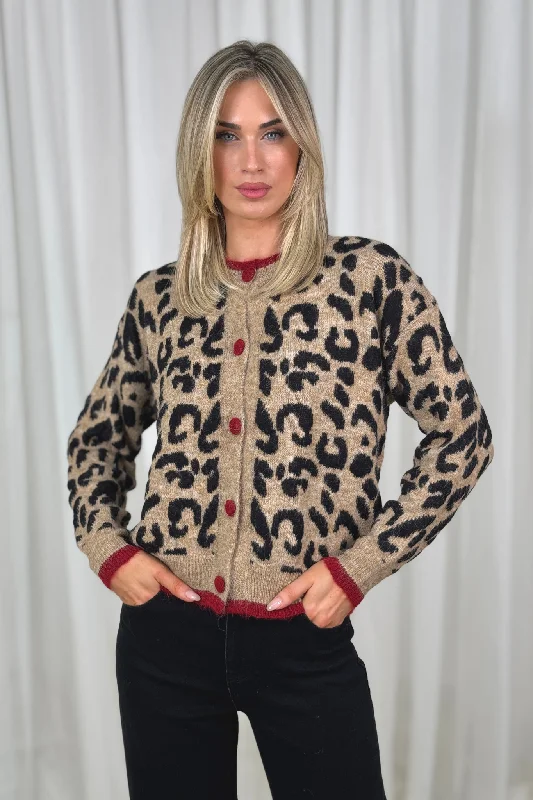 open front women cardigan for easy stylingMillie Red Trim Cardigan In Leopard Print