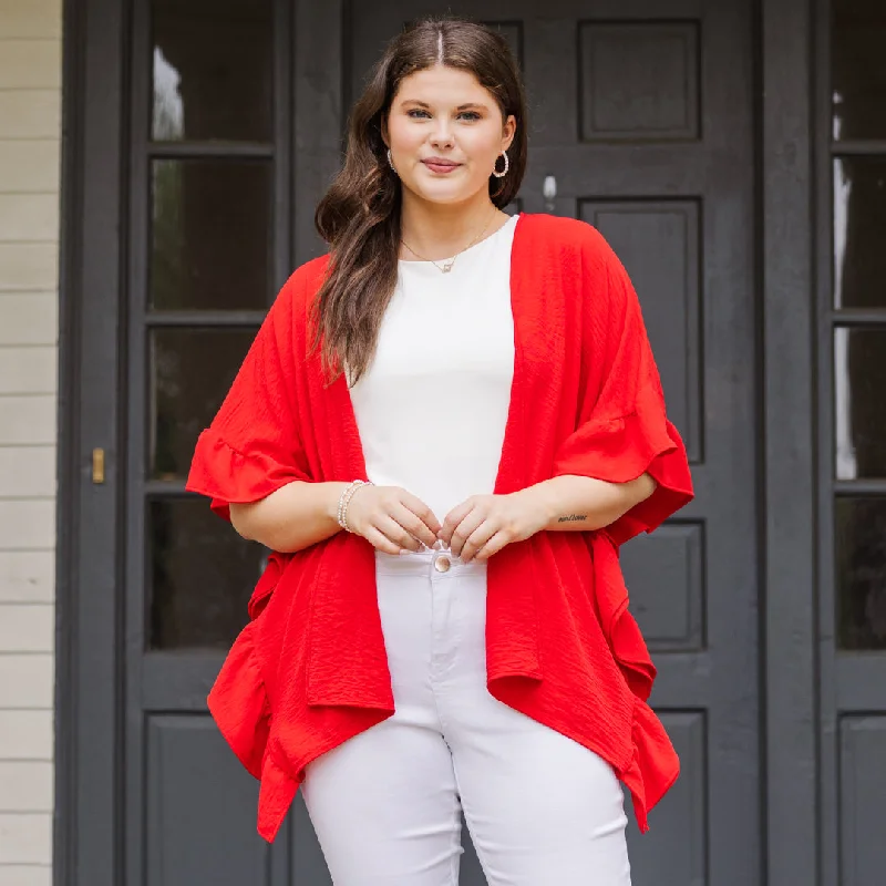 hand knitted women cardigan with artisanal charmOn This Day Kimono, Red
