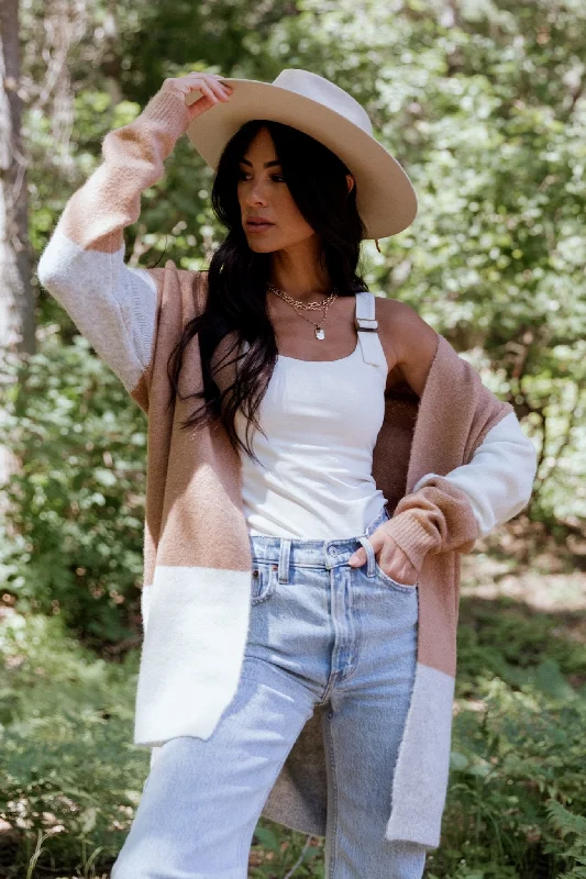 hand knitted women cardigan with artisanal charmPierson Color Block Cardigan | Camel hand knitted women cardigan with artisanal charmPierson Color Block Cardigan | Camel