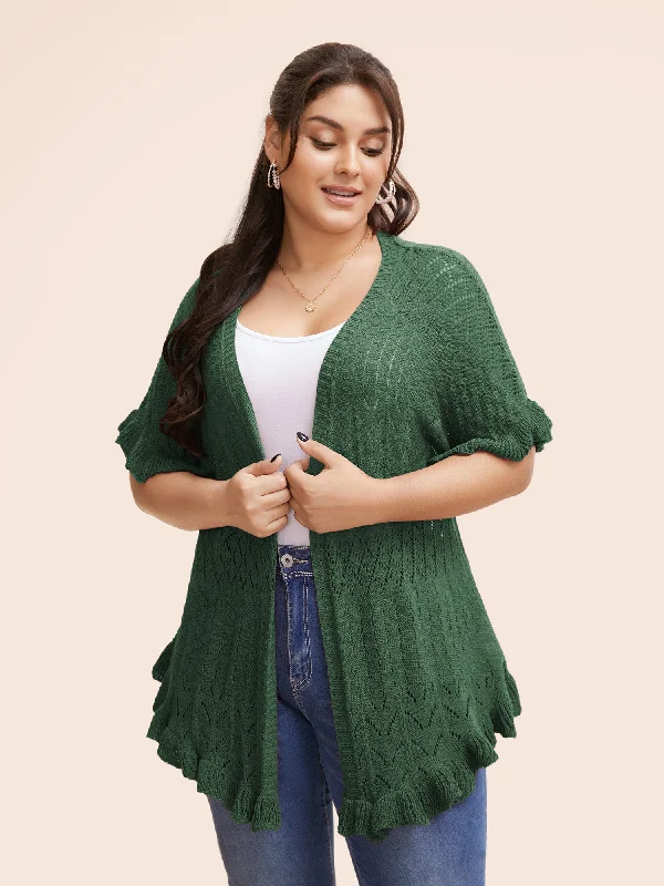 cable knit women cardigan with intricate patternsPlain Ruffles Pointelle Knit Cardigan cable knit women cardigan with intricate patternsPlain Ruffles Pointelle Knit Cardigan