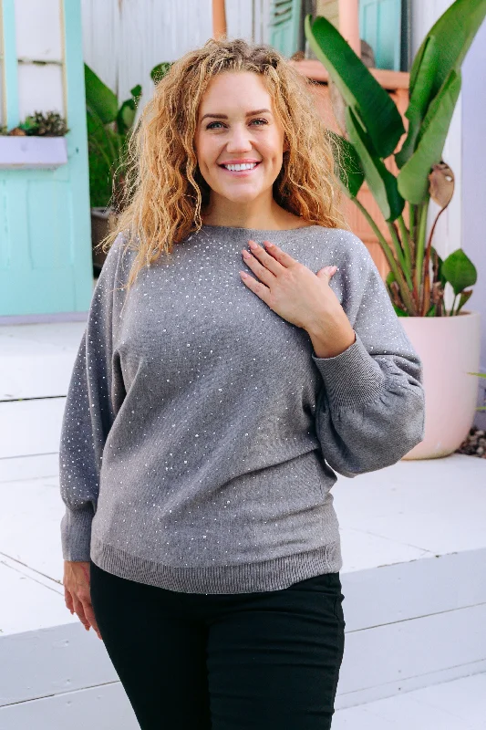 plus size women cardigan for comfortable layeringTwinkle Embellished Knit in Grey