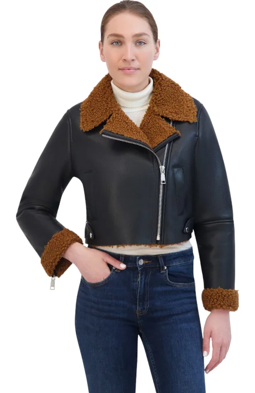 Mid - length women's down coats in a slim fit for a modern and sleek appearanceRebecca Minkkoff Women's Vegan Shearling Cropped Motot Mid - length women's down coats in a slim fit for a modern and sleek appearanceRebecca Minkkoff Women's Vegan Shearling Cropped Motot