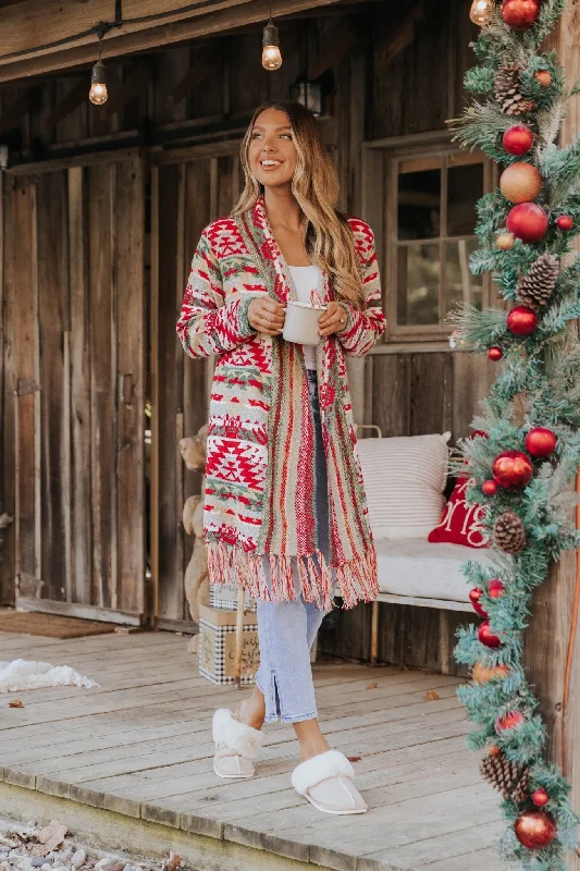 maternity women cardigan for expecting momsRed & Green Aztec Striped Boho Fringe Cardigan maternity women cardigan for expecting momsRed & Green Aztec Striped Boho Fringe Cardigan