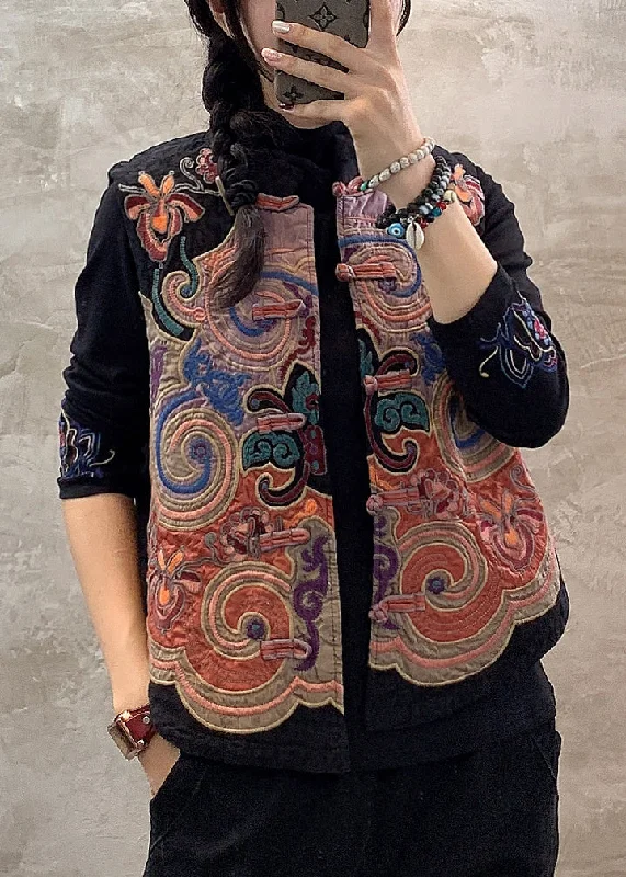 Mid - length women's down coats in a slim fit for a modern and sleek appearanceRetro Black Stand Collar Embroidered Floral Button Waistcoat Fall Mid - length women's down coats in a slim fit for a modern and sleek appearanceRetro Black Stand Collar Embroidered Floral Button Waistcoat Fall