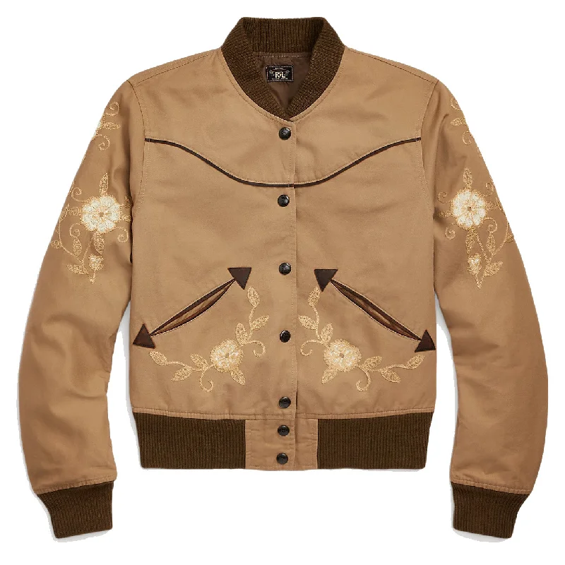 Long women's mac coats in a lightweight fabric for spring showersRRL by Ralph Lauren Womens Embroidered Sateen Western Jacket Khaki Tan Long women's mac coats in a lightweight fabric for spring showersRRL by Ralph Lauren Womens Embroidered Sateen Western Jacket Khaki Tan