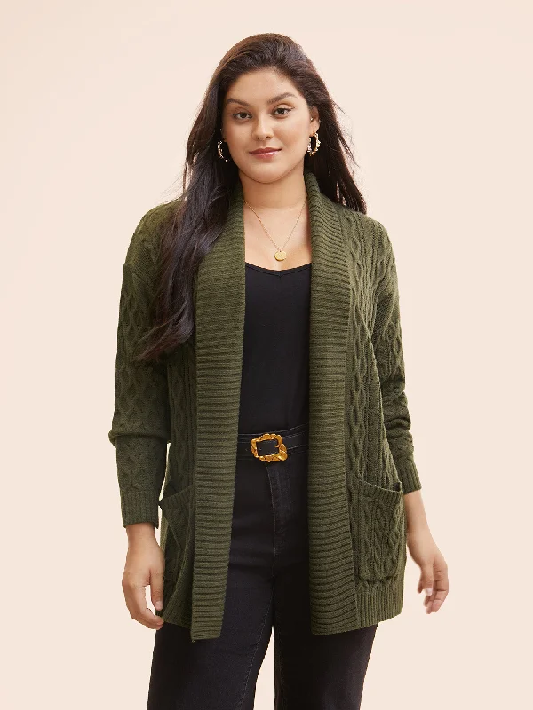 cropped women cardigan to pair with high - waisted jeansSolid Texture Cable Knit Patch Pocket Cardigan
