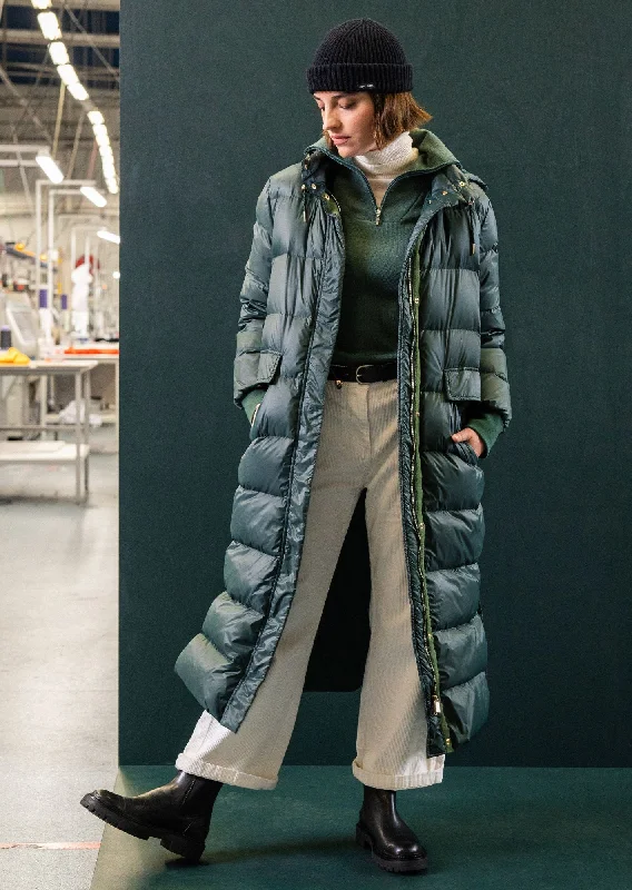 Quilted down women's coats with removable hoods for outdoor activitiesSTE FLORINE - Long Down Jacket With Removable Hood for Women (ARMY GREEN) Quilted down women's coats with removable hoods for outdoor activitiesSTE FLORINE - Long Down Jacket With Removable Hood for Women (ARMY GREEN)