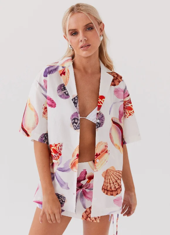 long length women cardigan with side slitsSummer Retreat Oversized Linen Shirt - Seaside Bouquet long length women cardigan with side slitsSummer Retreat Oversized Linen Shirt - Seaside Bouquet