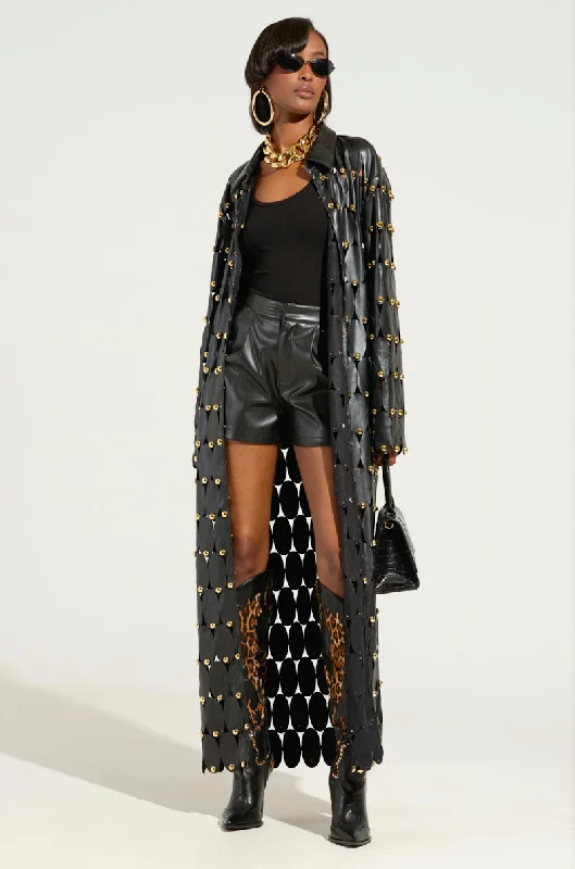 hooded women cardigan for added warmth and styleTHE SNEAK PEEK STUDDED PU LONG CARDIGAN IN BLACK hooded women cardigan for added warmth and styleTHE SNEAK PEEK STUDDED PU LONG CARDIGAN IN BLACK