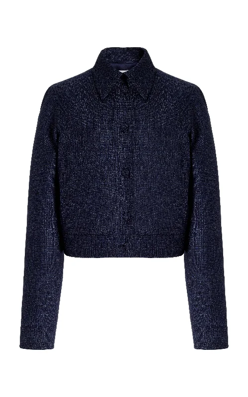 Hooded women's puffer coats in neon colors for high - visibility sportsThereza Jacket in Dark Navy Virgin Wool Silk Tweed Hooded women's puffer coats in neon colors for high - visibility sportsThereza Jacket in Dark Navy Virgin Wool Silk Tweed