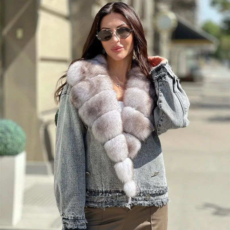 Real Fur Trimmed Denim JacketsWinter Warm Full Pelt Real Fox Fur Collar Denim Jacket for Women Real Fur Trimmed Denim JacketsWinter Warm Full Pelt Real Fox Fur Collar Denim Jacket for Women