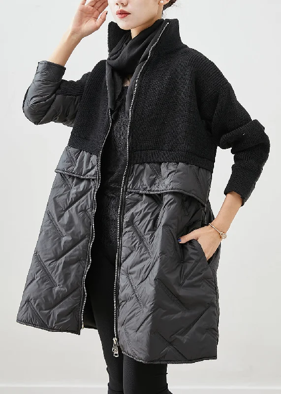 Long women's mac coats in a lightweight fabric for spring showersWomen Black Zip Up Patchwork Fine Cotton Filled Knit Coat Long women's mac coats in a lightweight fabric for spring showersWomen Black Zip Up Patchwork Fine Cotton Filled Knit Coat