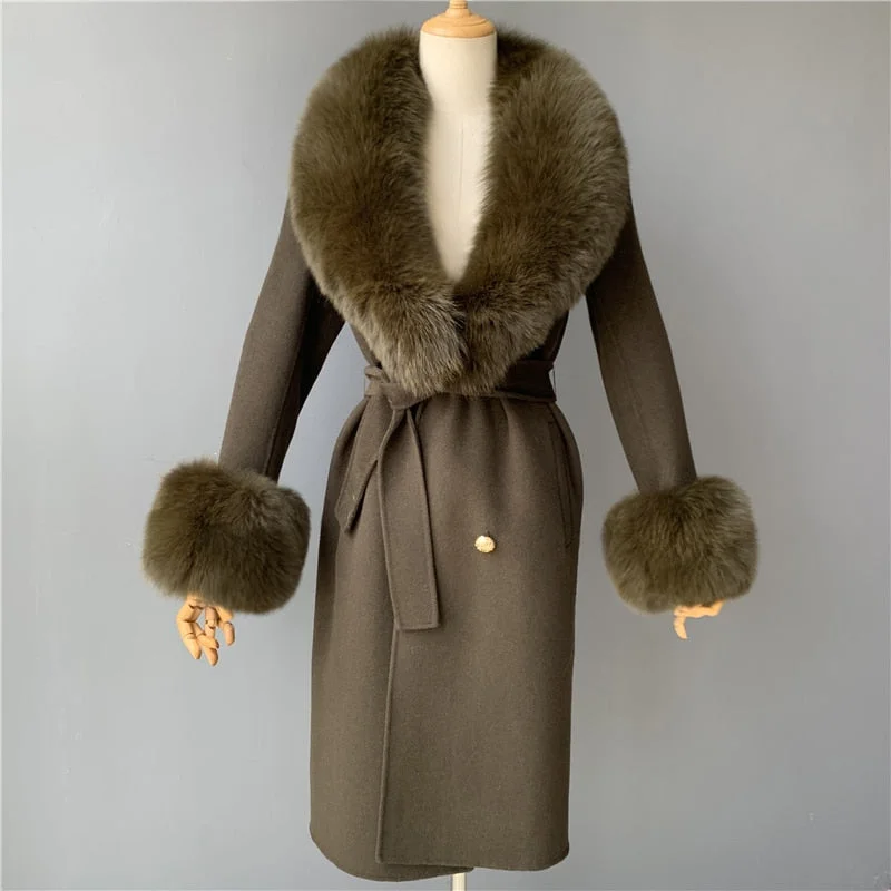 Real Fur Trimmed JeansWomen's Army Green Real Fox Fur Collar Cashmere Wool Blends Winter Jacket Real Fur Trimmed JeansWomen's Army Green Real Fox Fur Collar Cashmere Wool Blends Winter Jacket