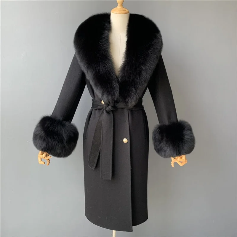 Real Fur Trimmed Dresses EveningWomen's Black Real Fox Fur Collar Cashmere Wool Blends Long Winter Jacket Real Fur Trimmed Dresses EveningWomen's Black Real Fox Fur Collar Cashmere Wool Blends Long Winter Jacket