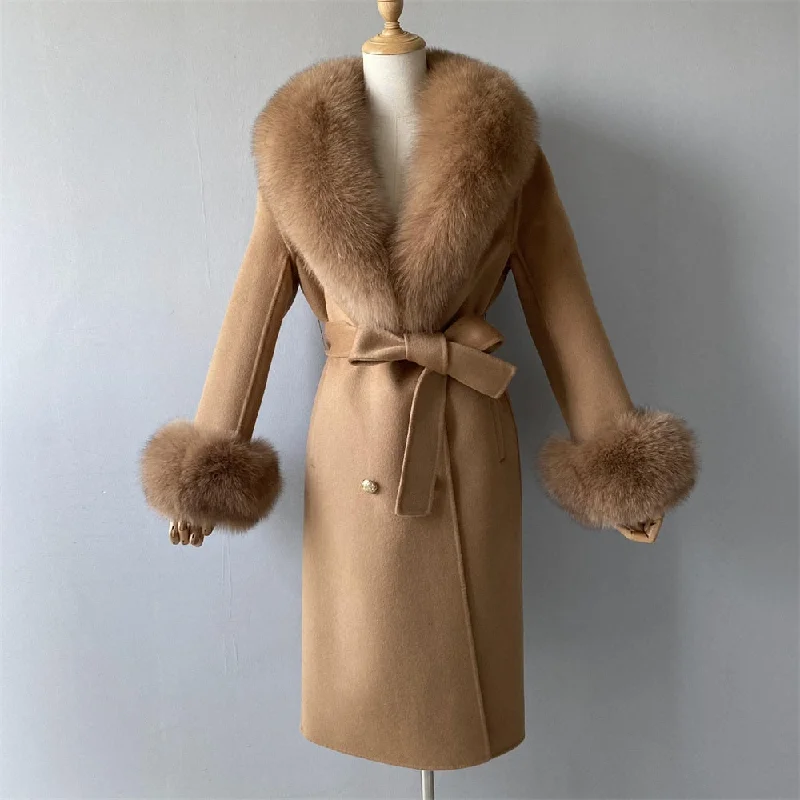 Real Fur Trimmed SweatshirtsWomen's Camel Brown Cashmere Wool Blends Real Fox Fur Collar Winter Jacket Real Fur Trimmed SweatshirtsWomen's Camel Brown Cashmere Wool Blends Real Fox Fur Collar Winter Jacket