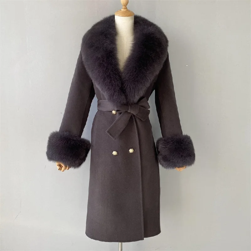 Real Fur Trimmed Skirts FashionWomen's Charcoal Gray Cashmere Real Fox Fur Collar Long Winter Jacket Real Fur Trimmed Skirts FashionWomen's Charcoal Gray Cashmere Real Fox Fur Collar Long Winter Jacket