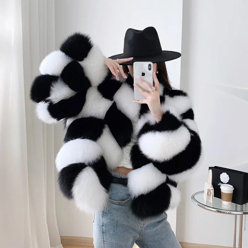 Real Fur Trimmed CardigansWomen's Fluffy Real Fox Fur Black White Lattice Pattern Short Winter Jacket Real Fur Trimmed CardigansWomen's Fluffy Real Fox Fur Black White Lattice Pattern Short Winter Jacket