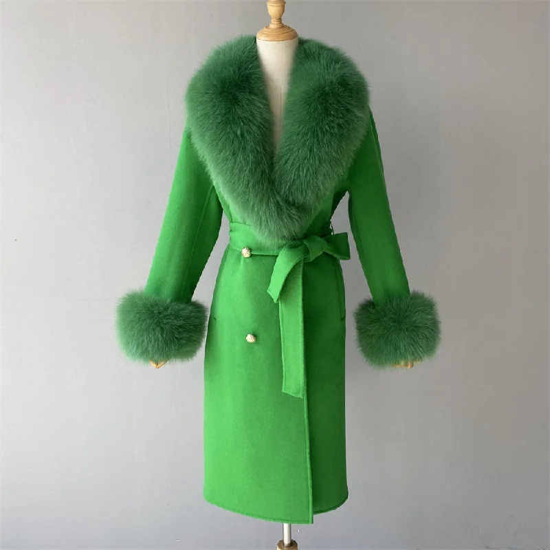 Real Fur Trimmed Robes for SpaWomen's Green Cashmere Real Fox Fur Collar Long Winter Jacket Outerwear Real Fur Trimmed Robes for SpaWomen's Green Cashmere Real Fox Fur Collar Long Winter Jacket Outerwear